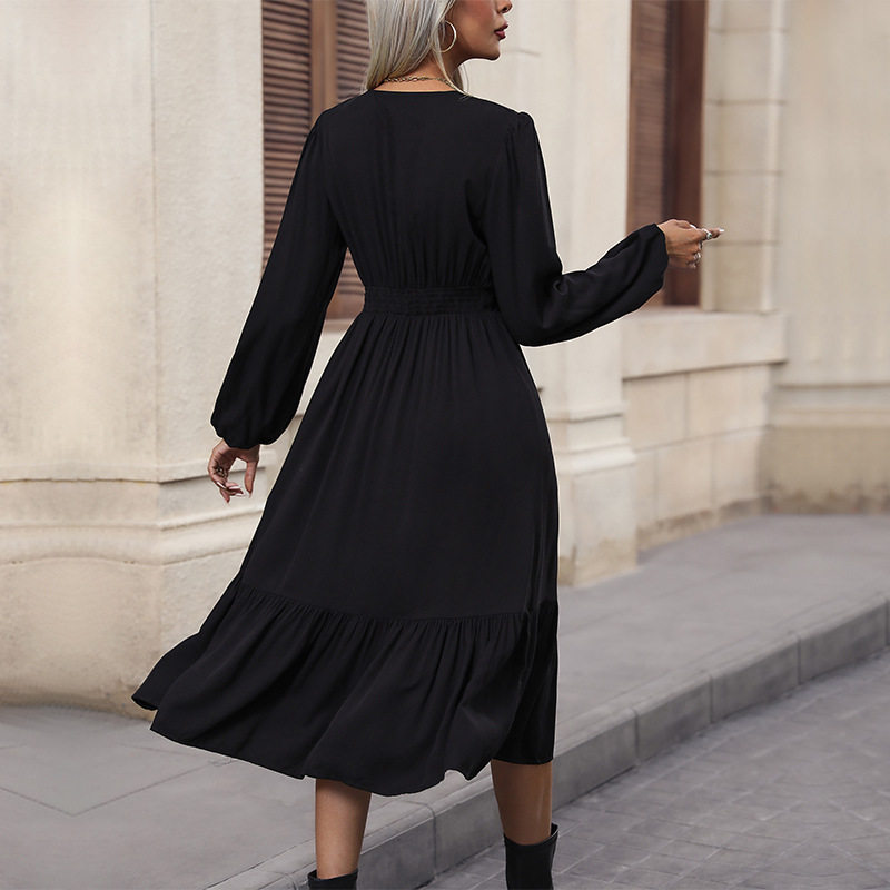 Vintage Solid Color V Neck Waist Tie Dress Autumn Collection Elegant Casual Wear Wholesale Available