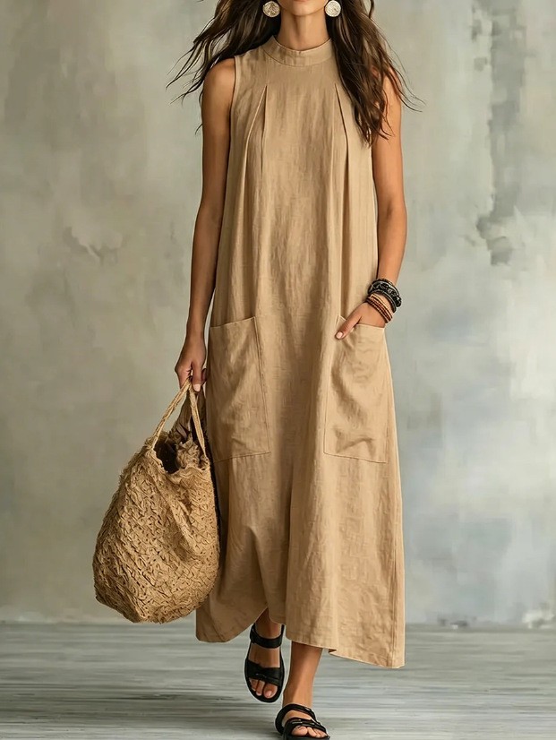 Elegant Sleeveless Round Neck Dress Solid Color Pocket Design Lightweight Fabric Spring Summer Fashion Wholesale