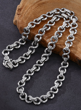 小众银饰男士s925纯银项链情侣唐草纹八字链拼接项链女银个性饰品