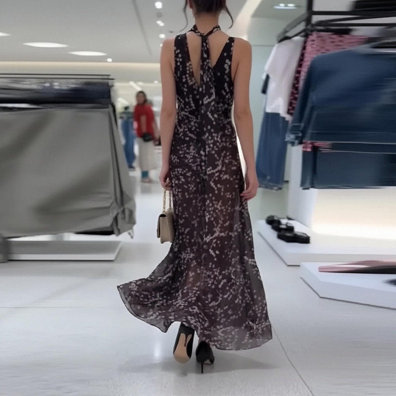 Elegant Womens Dress High Quality Fabric Floral Print V Neck Backless Design Perfect for Vacations Wholesale