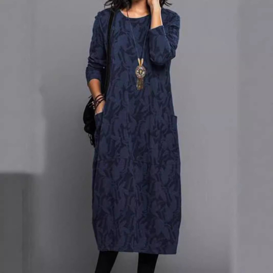 Casual Long Sleeve Pocket Dress for Women Cotton Linen Round Neck Available in Black Green Blue Red Wholesale Sizes S to XXXL