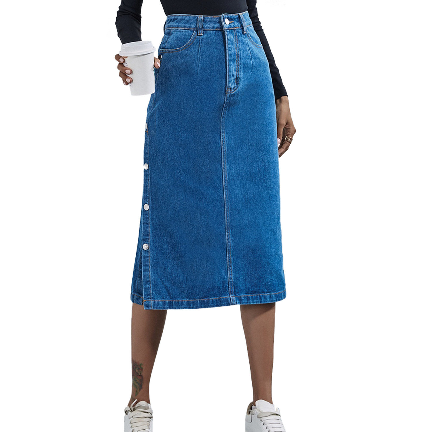 High Waisted Denim Skirt Button Detail Split Design Fashionable Style Casual Wear for Women Wholesale Available