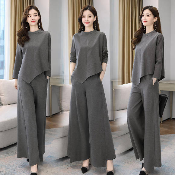 Spring and Autumn New Wide Leg Pants suit Women's Age-reducing Belly-covering Slimming Western Style Casual Elegant Culottes Two-piece Set