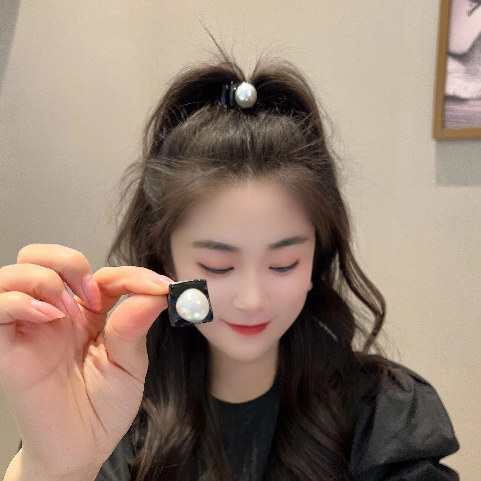 简约黑色发夹女公主头小抓夹复古珍珠夹子高颜值刘海侧边发卡头饰