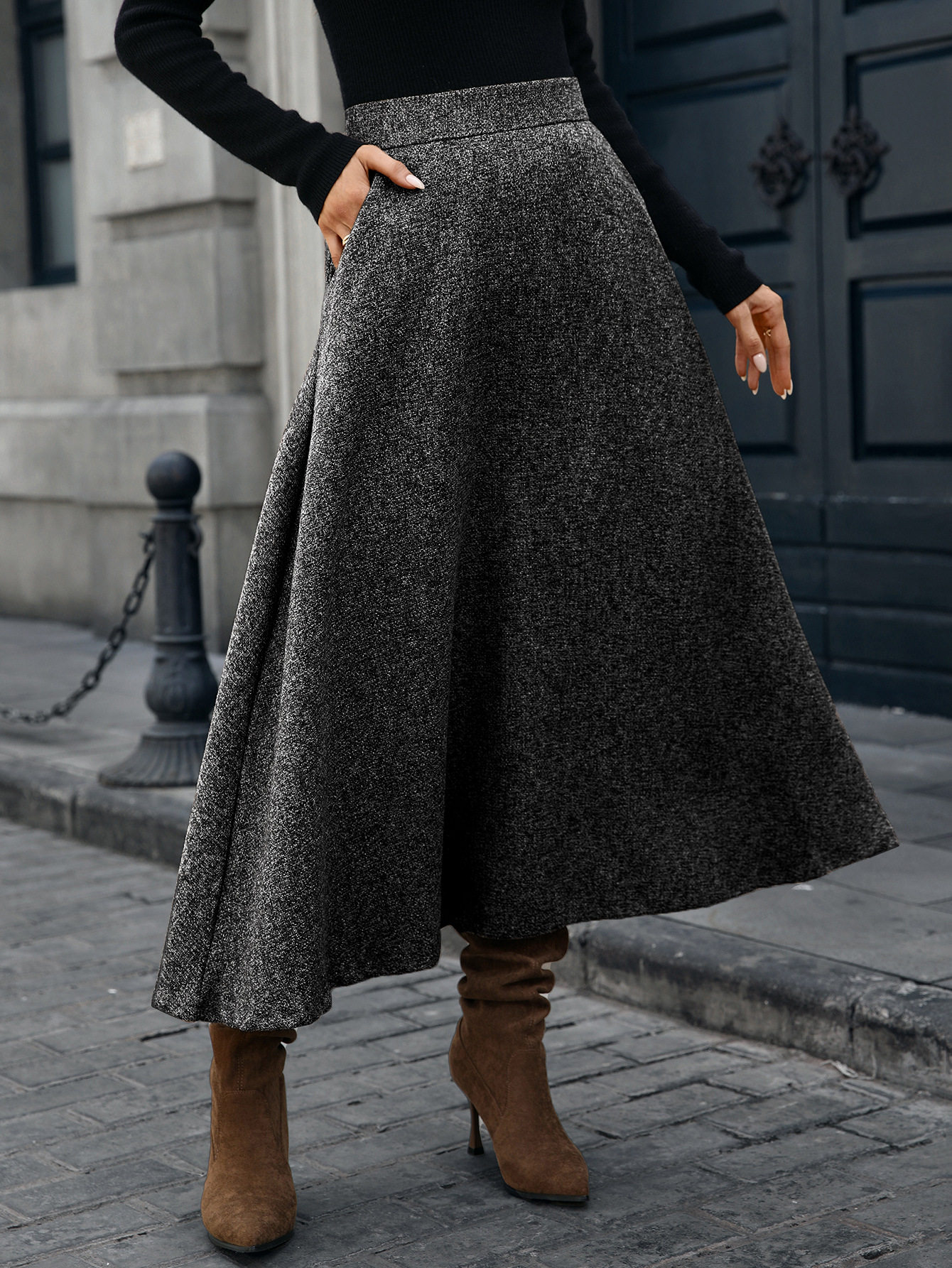 Woolen A Line Midi Skirt High Quality Fabric Elegant Draping Autumn Winter Style Ready to Ship Wholesale Available
