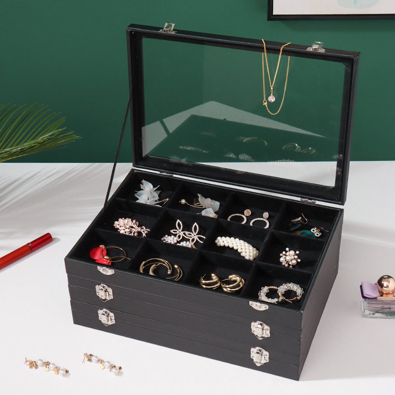 New Simple Single Layer with Lock Wooden Leather Jewelry Box Earrings Earrings Jewelry Box Large Jewelry Box Wholesale