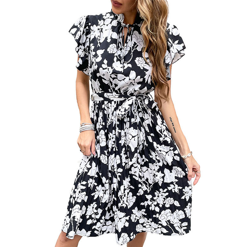 High Waist Midi Dress Floral Print Black Color Summer Style Wholesale Available private label
