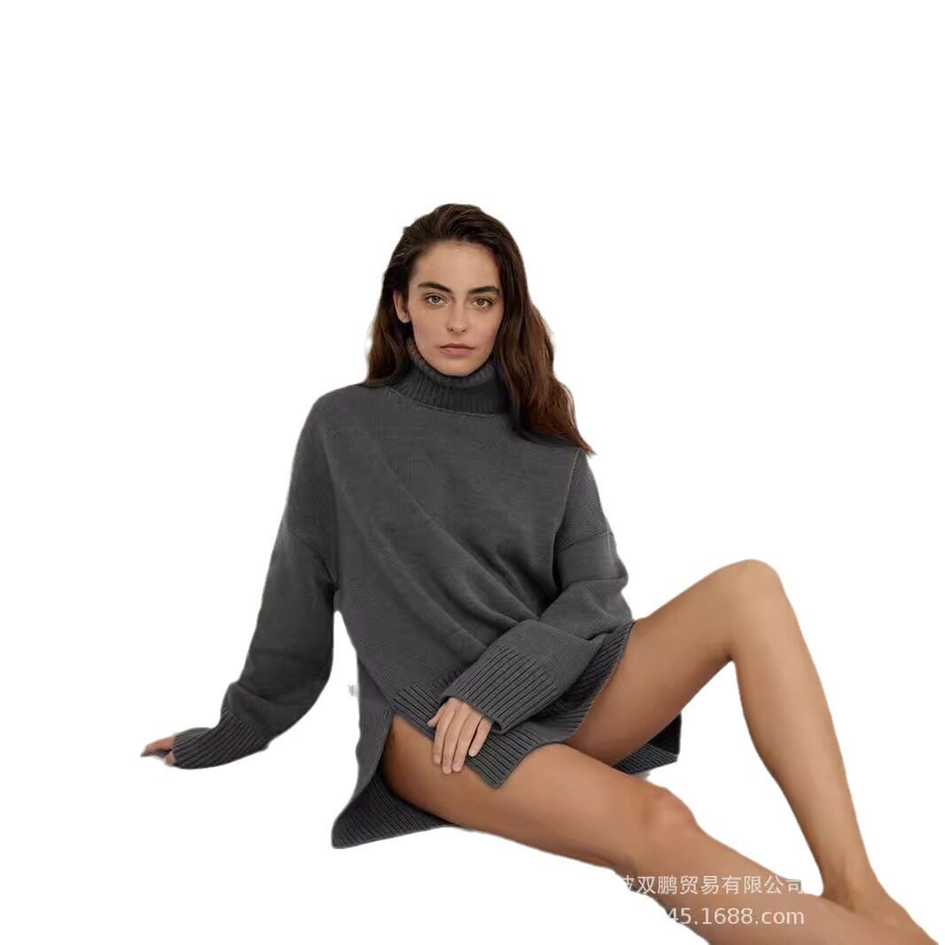 Loose Fit Turtleneck Sweater Solid Color Knitted Split Hem Autumn Winter Womens Fashion Wholesale Available
