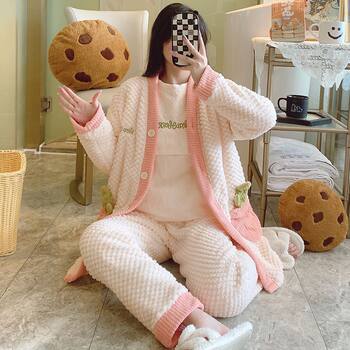 New Postpartum Clothing Flannel Winter Thickeneded Fleece-Lined Three-Piece Long-Sleeved Maternity Nursing Pajamas for Women during Pregnancy