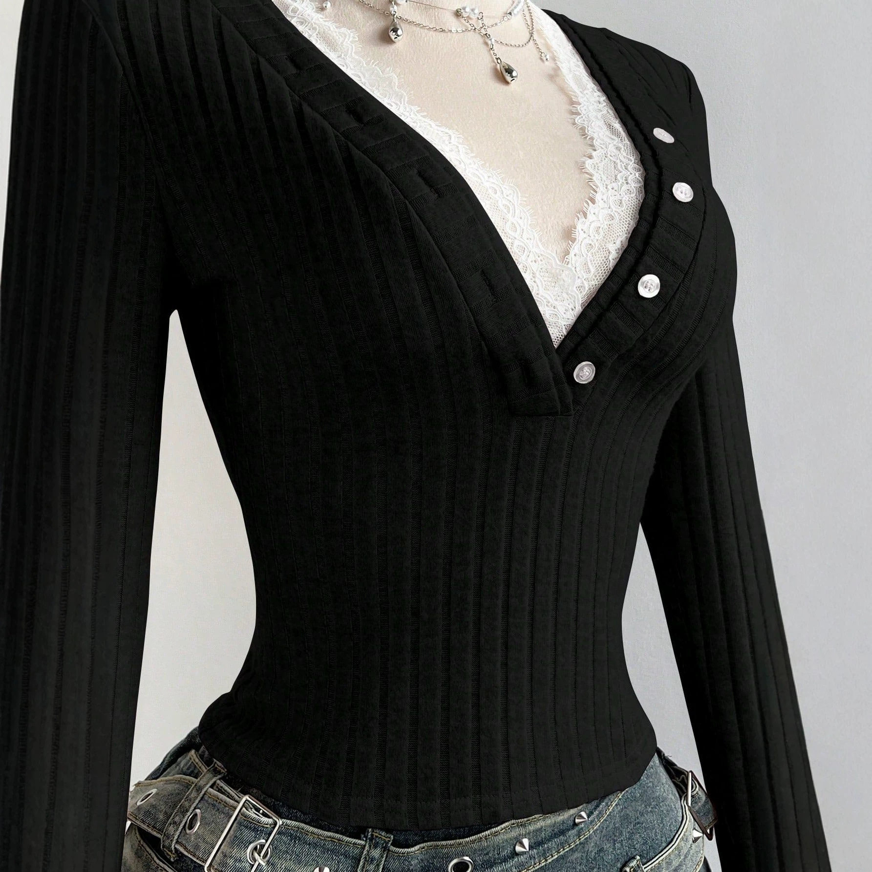 Lace Panel Long Sleeve Dress Deep V Neck Slim Fit Textured Fabric Elegant Evening Wear Ready to Ship