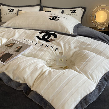 Cross-Border Amazon Foreign Trade Light Luxury Embroidered Edged Milk Velvet Four-Piece Set Thickened Warm Bed Sheet and Quilt Cover Wholesale