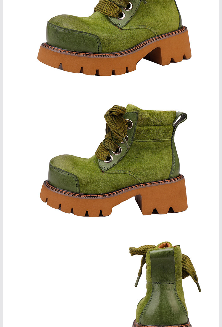 Boot Martin nữ da bò thật buộc dây mũi tròn gót vuông — màu xanh lá cây, nâu