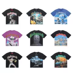High-Quality Trendy Cross-Border Fashion Brand Rock Band Skull Print Loose Cotton T-Shirt with Vintage Wash Short Sleeves for Summer