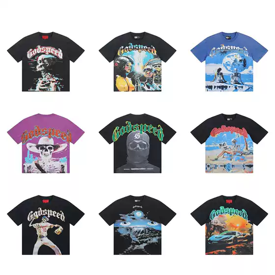 High-Quality Trendy Cross-Border Fashion Brand Rock Band Skull Print Loose Cotton T-Shirt with Vintage Wash Short Sleeves for Summer