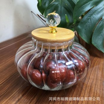 Wholesale High Borosilicate Striped Sealed Jars Household Grain Storage Jars Bamboo Lid Tea Jars Honey Storage Jars