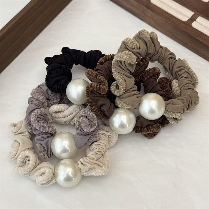 Pearl Plush Curly Hair Tie, Versatile High-Elastic Fabric Hair Band for Women, Bun Maker, Elegant Hair Tie, Fluffy