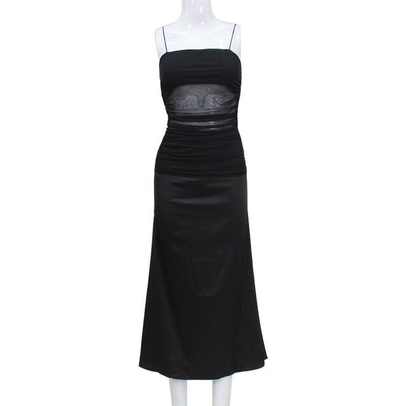 Elegant Long Split Dress French Style Mesh Splicing Slim Fit Sleeveless Perfect for Evening Events Wholesale
