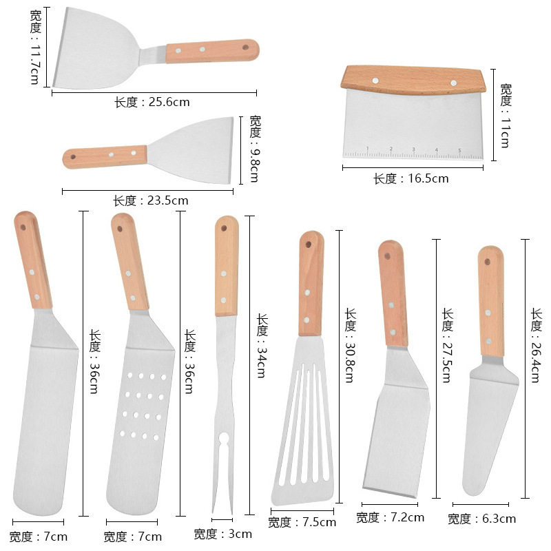 Amazon Wooden Handle Stainless Steel Outdoor Barbecue Tools Bbq Household Barbecue Teppanyaki Shovel Cooking Shovel Food Shovel
