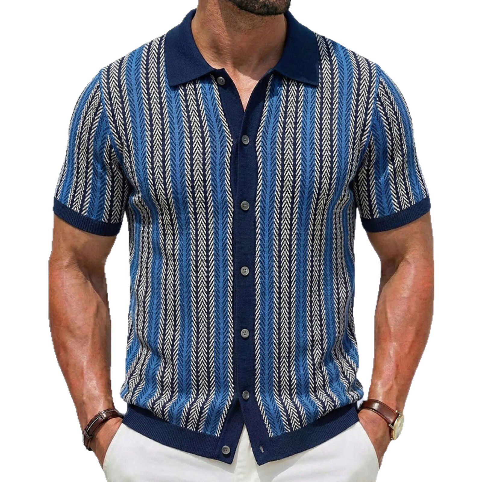 欧美外贸男士高端短袖针织衫夏季新款条纹提花商务Polo衫潮SY0116