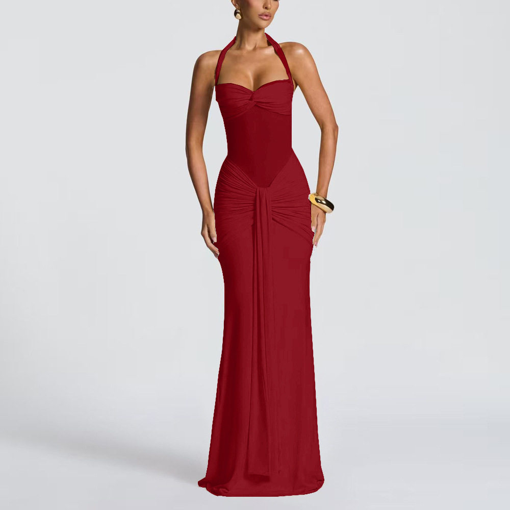 Sleeveless Bodycon Dress Solid Color Halter Neck Backless Sexy Fit Evening Wear Cocktail Party OEM Available