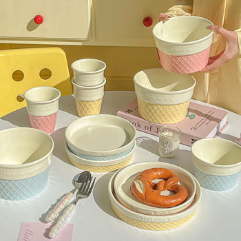 Ins Style Korean Ice Cream Plate Bowl Set Dish Plate Dessert Household Ceramic 2025 New High-Value Salad Bowl