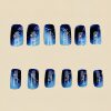 Mid-Length Manicure Stickers, Ocean Blue Fake Nail Patches, Removable 24 Pieces of Manicure, Blue Color
