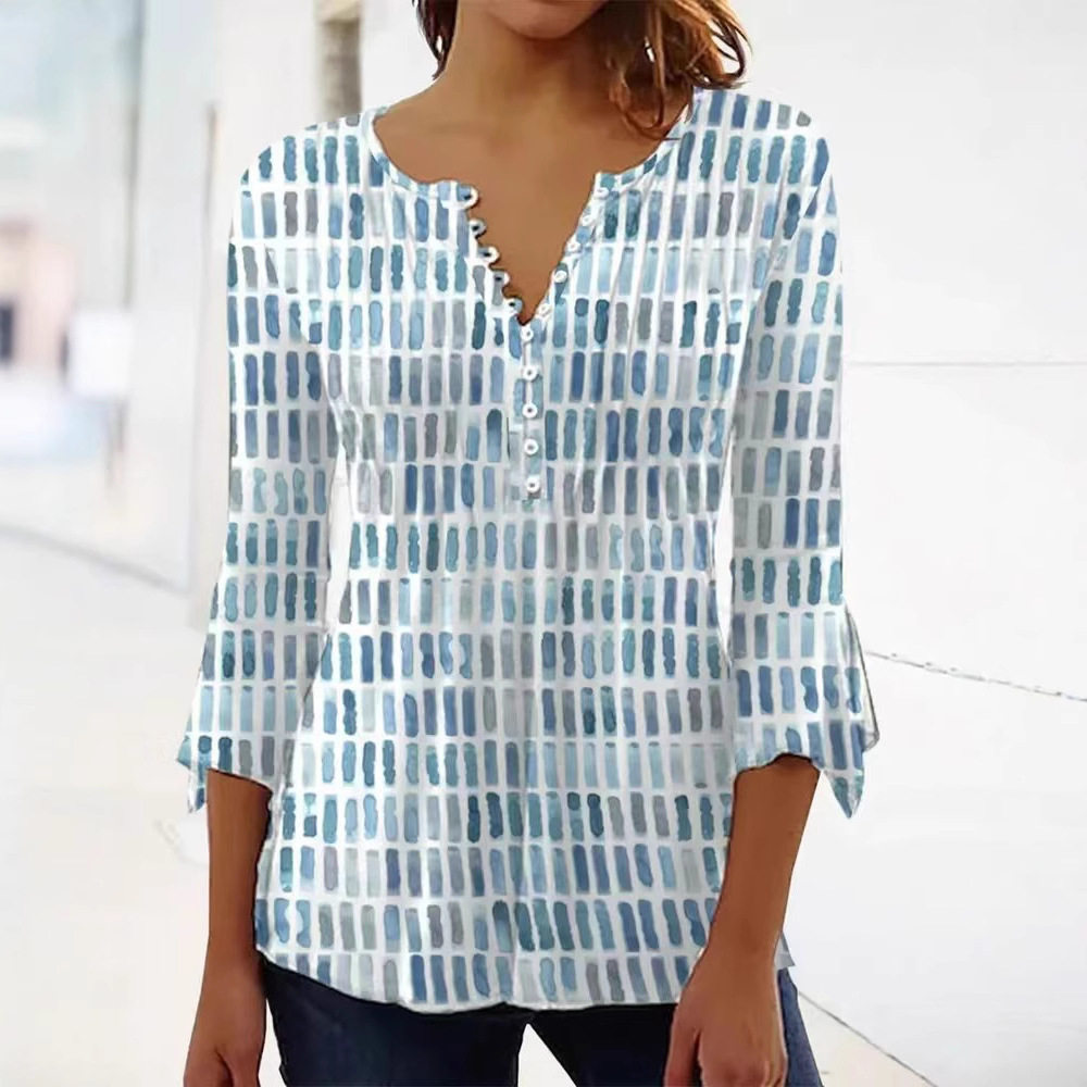 V Neck Printed T Shirt Casual Style Elegant Design Summer Wear Womens Pullover Blouse Available for Wholesale