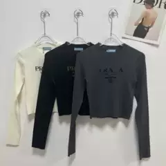 High-End Version 25 New P Brand Round Neck Logo Short Slim-Fit Versatile Long-Sleeve Letter Jacquard Knit Base Shirt