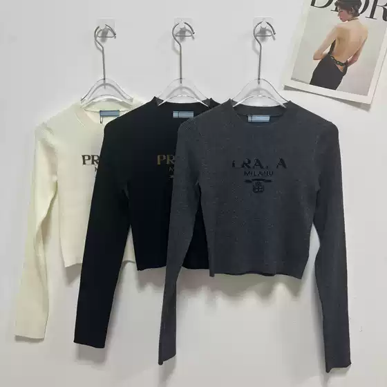 High-End Version 25 New P Brand Round Neck Logo Short Slim-Fit Versatile Long-Sleeve Letter Jacquard Knit Base Shirt