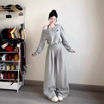 Temperament Slanted Shoulder Short-Sleeved Suit for Female Summer Students Loose and Slim Korean Style Fashionable Wide-Leg Pants Casual Sports Two-Piece Set