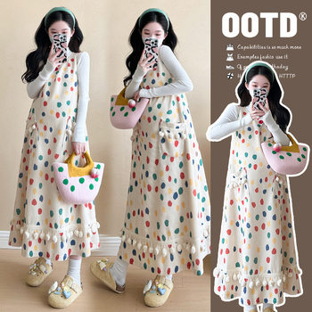 Autumn and winter sweet color wave dot plus size dress sweater top two-piece suit