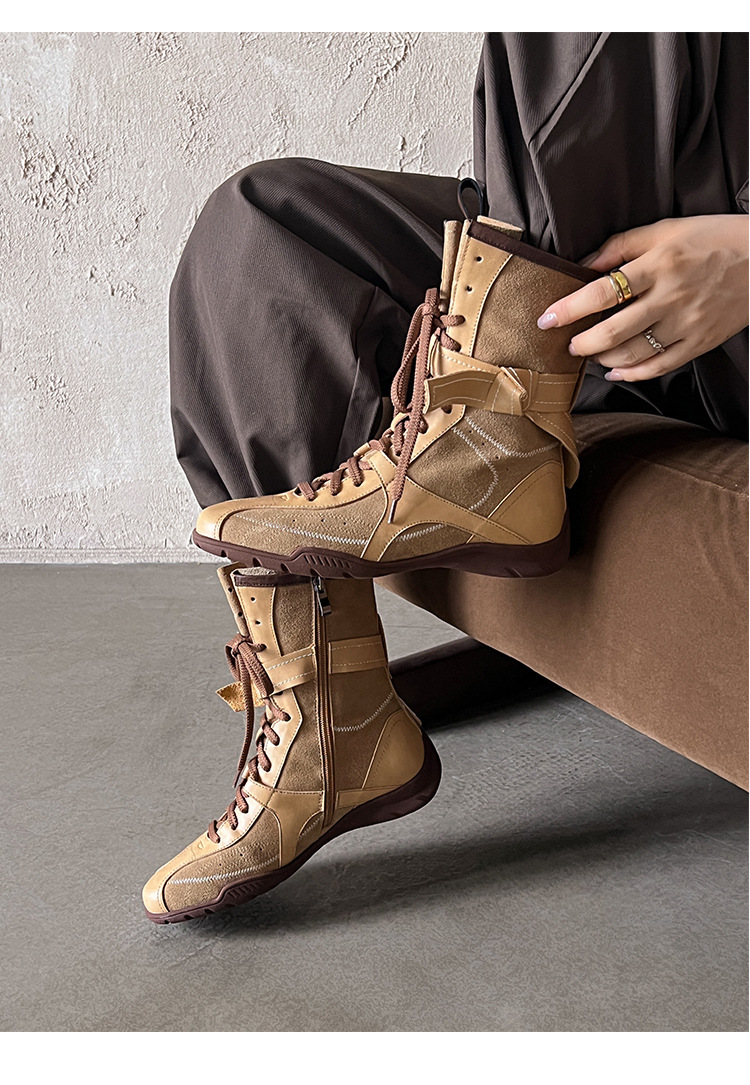Boot nữ da bò lộn cổ thấp tăng chiều cao gót 3cm — Màu đen, Màu kaki, Màu nâu