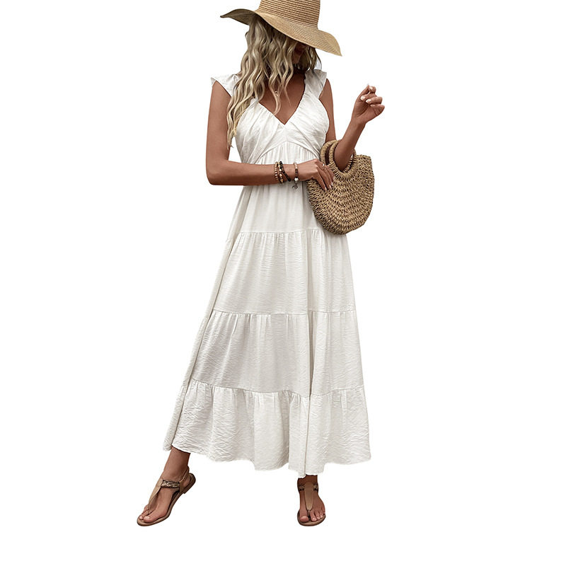 Sleeveless V Neck White Dress Simple Design Beach Vacation Style Lightweight Fabric Wholesale Available
