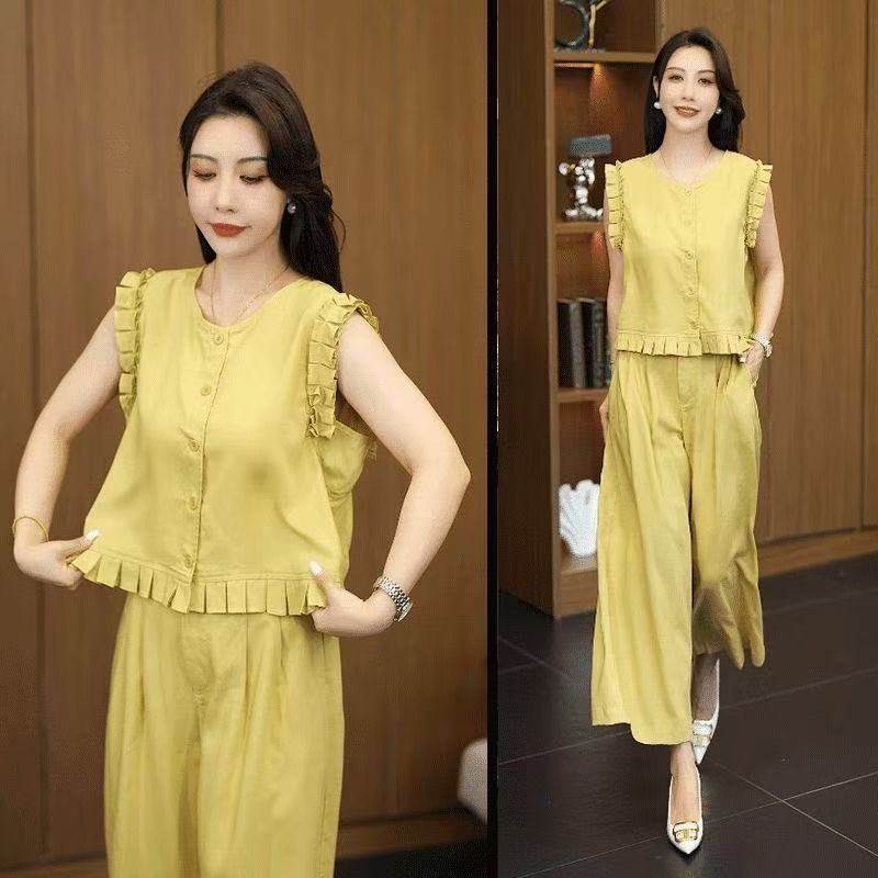 Fashion Suit for Women 2025 Summer New Style Slimming Ear-Hem Sleeveless Vest and Wide-Leg Pants Two-Piece Set