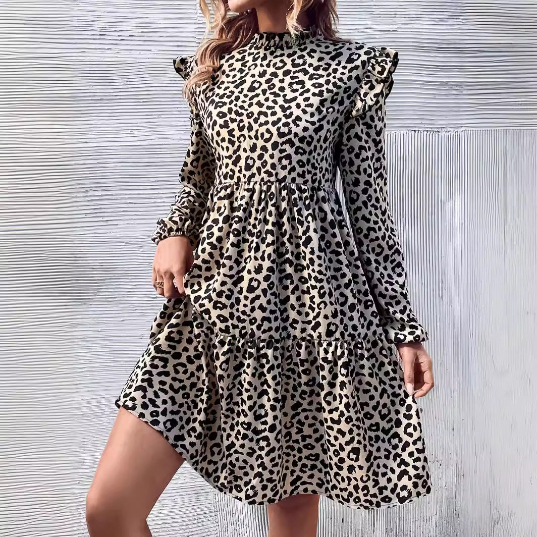 Elegant Leopard Print Dress Ruffle Detail Long Sleeve Fashionable Style Perfect for Parties and Events Wholesale