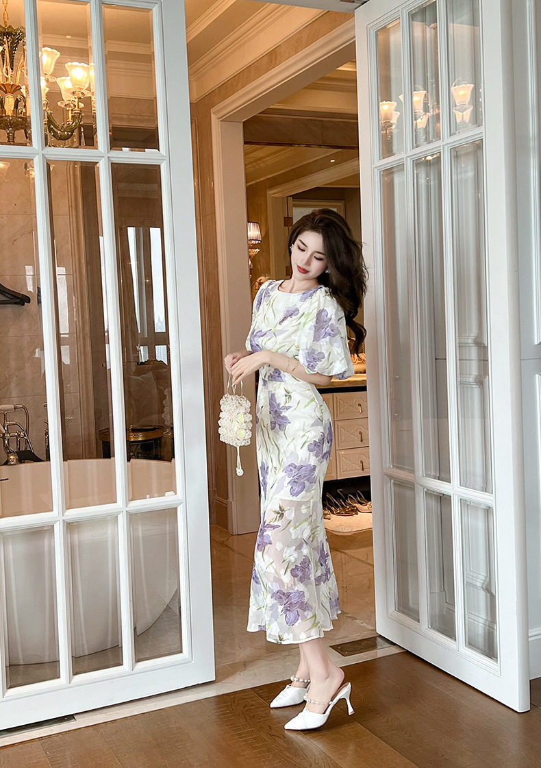 Đầm ôm body nữ cổ tròn tay bồng đuôi cá — [Tím] chi tiết 14
