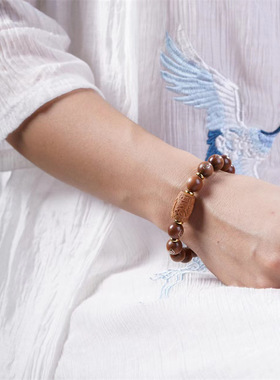 印度老山檀香镶银六字真言佛珠