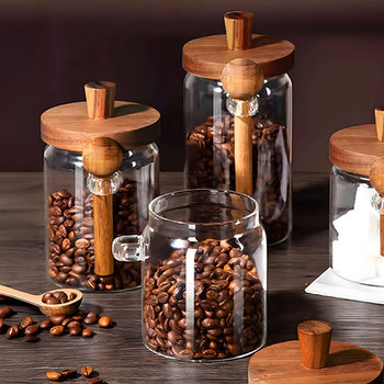 Glass Sealed Jar Cross-Border Jar Tea Jar High Borosilicate Glass Jar with Lid Kitchen Storage Jar with Spoon Storage Jar