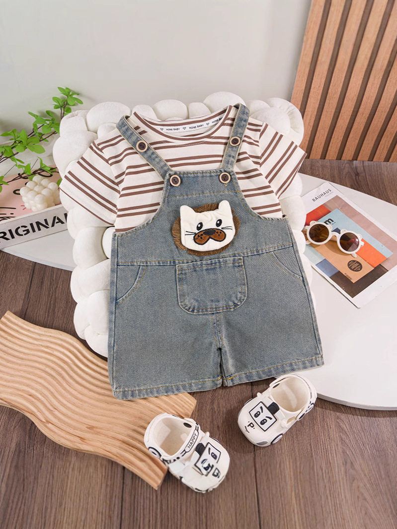 Boys and girls baby cartoon cute denim overalls children's suit children's summer clothing striped short T-shirt children's clothing
