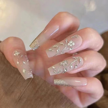 Online celebrity wear nail gentle gold pure desire wind advanced White long tree vine flower diamond manicure finished fake nail stickers