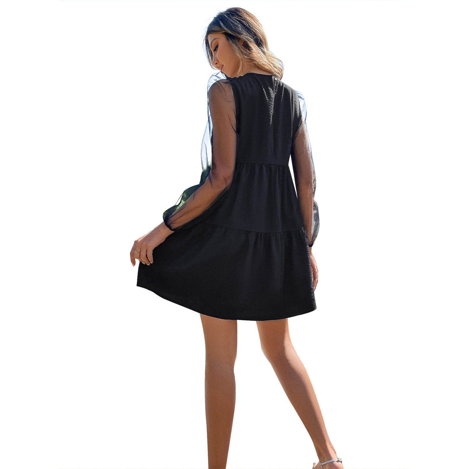 Elegant Hollow Out Long Sleeve Dress Color Block Design Round Neck Trendy Style Perfect for Parties and Events