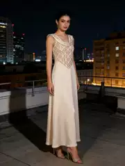 Nude Satin Draped Sleeveless Gown, Long Dress for Toasting, 2026 Summer New Women's Patchwork Dress