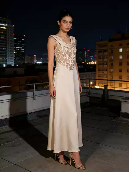Nude Satin Draped Sleeveless Gown, Long Dress for Toasting, 2026 Summer New Women's Patchwork Dress