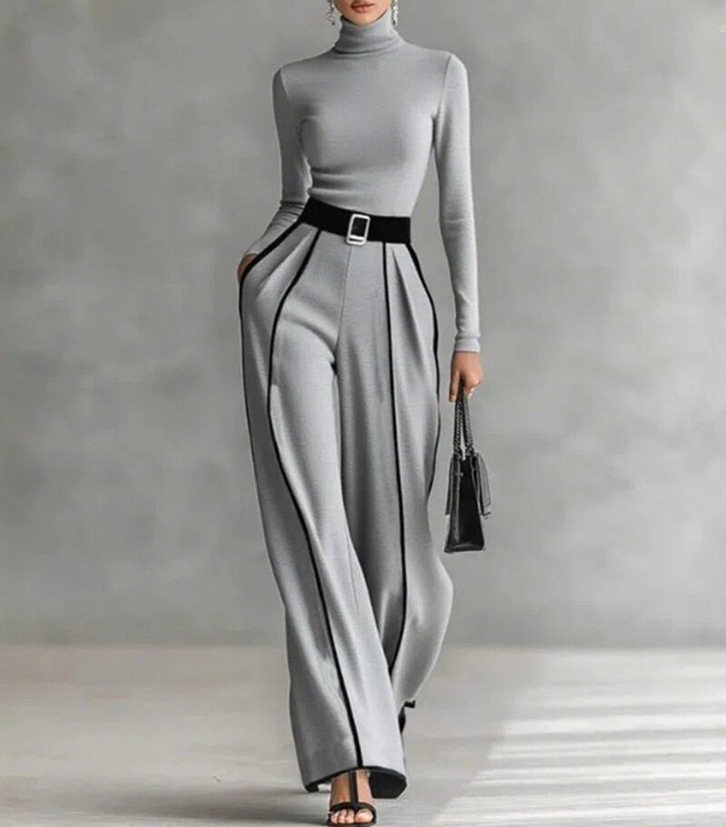 Womens Color Block Long Sleeve Top and High Waisted Wide Leg Pants Set Winter Collection Casual Chic Style Wholesale