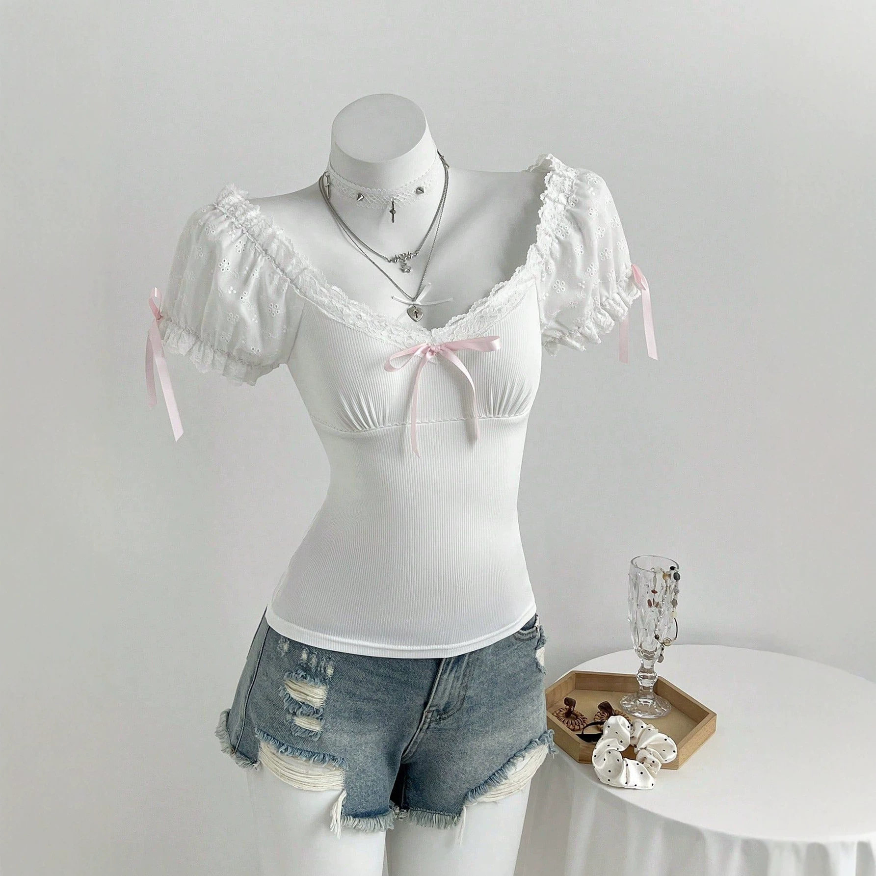 Summer Womens Short Sleeve T Shirt Bow Tie Detail Bubble Sleeve Soft Fabric Casual Wear Ready to Ship