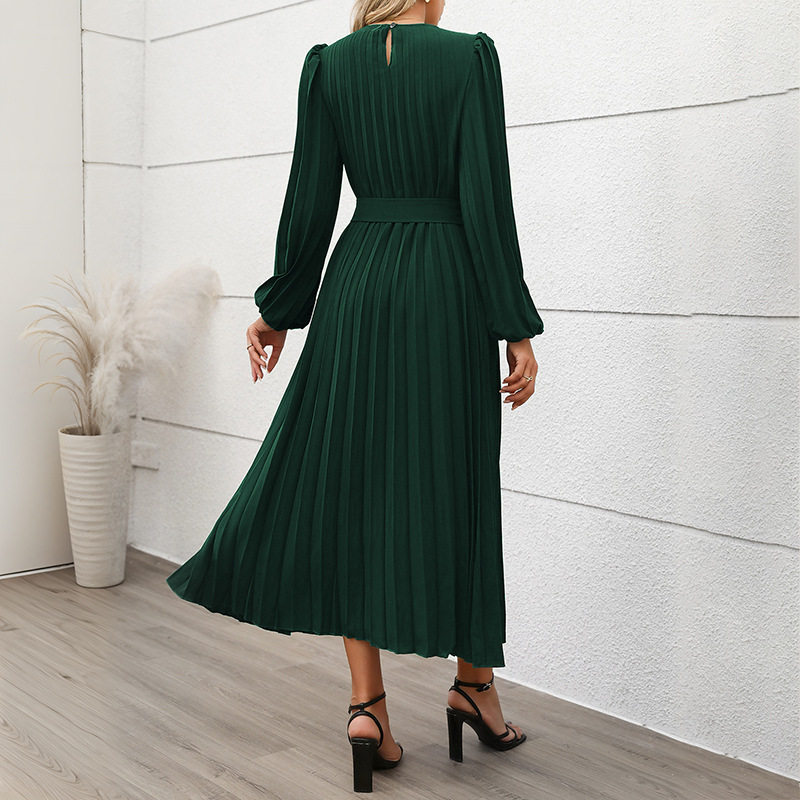 Elegant Vintage Long Sleeve Pleated Dress Solid Color Office Wear Autumn Style Wholesale Available