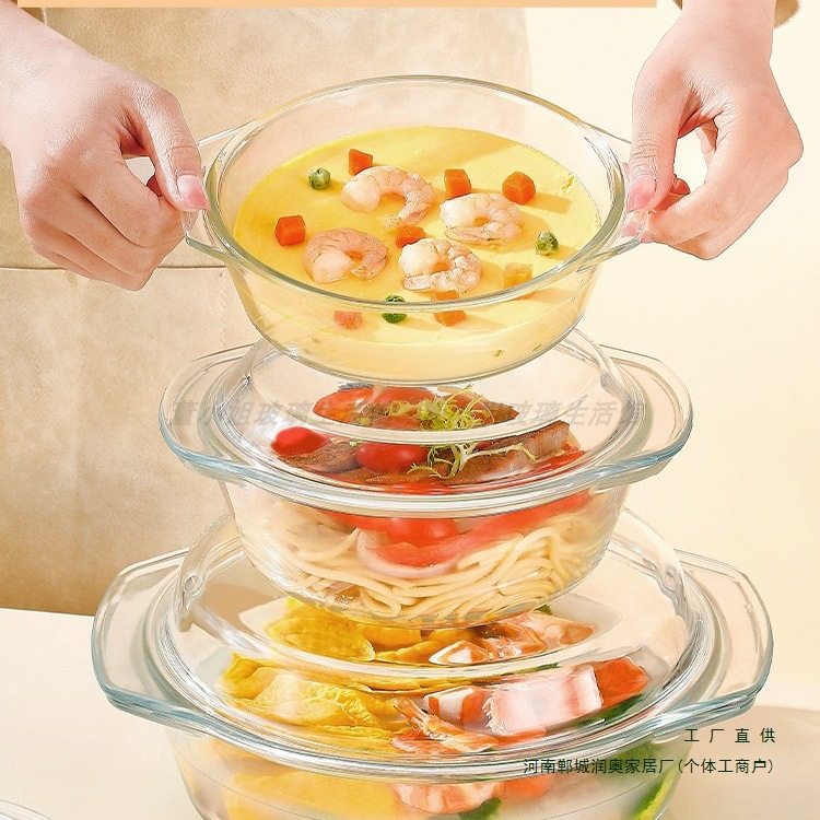 Glass Bowl with Lid, Microwave Heating Utensil Plate, High Temperature Resistant Household Basin, Large Soup Bowl, Steamed Egg Custard Bowl