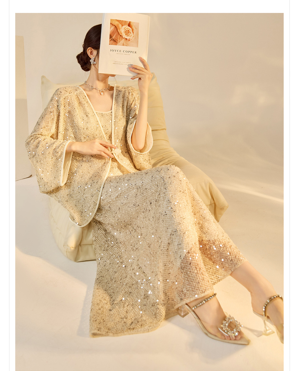 Bộ đầm dài kèm áo khoác ngoài đính sequin thêu nổi bật — Áo khoác (giao hàng trong 7 ngày), Áo khoác (vận chuyển trong cùng ngày), Váy yếm (giao hàng trong 7 ngày), Váy yếm (giao hàng trong ngày)