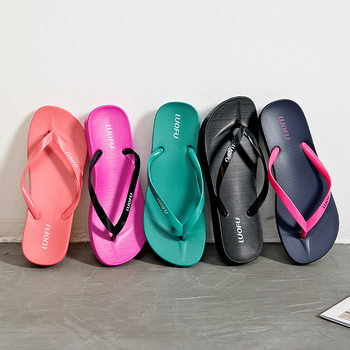Luofu Flip-Flops Women's Summer Outer Wear Thick-Soled Non-Slip Flip-Flops Simple Mid-Heel Soft-Soled Casual Beach Shoes