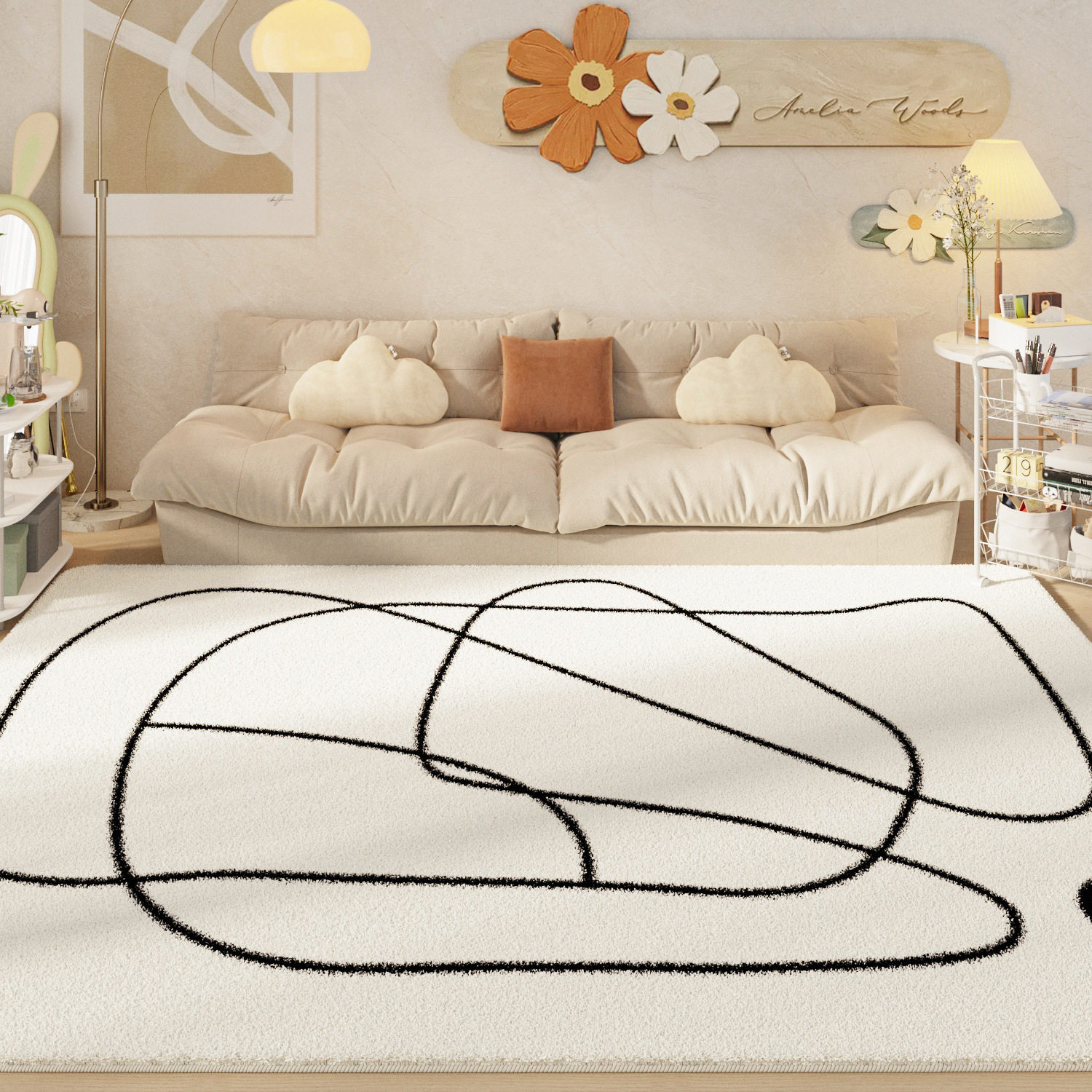 Cream Style Line Living Room Cashmere-like Carpet Soft Coffee Table Blanket Bedroom Cool Bedside Blanket Balcony Bay Window Mat